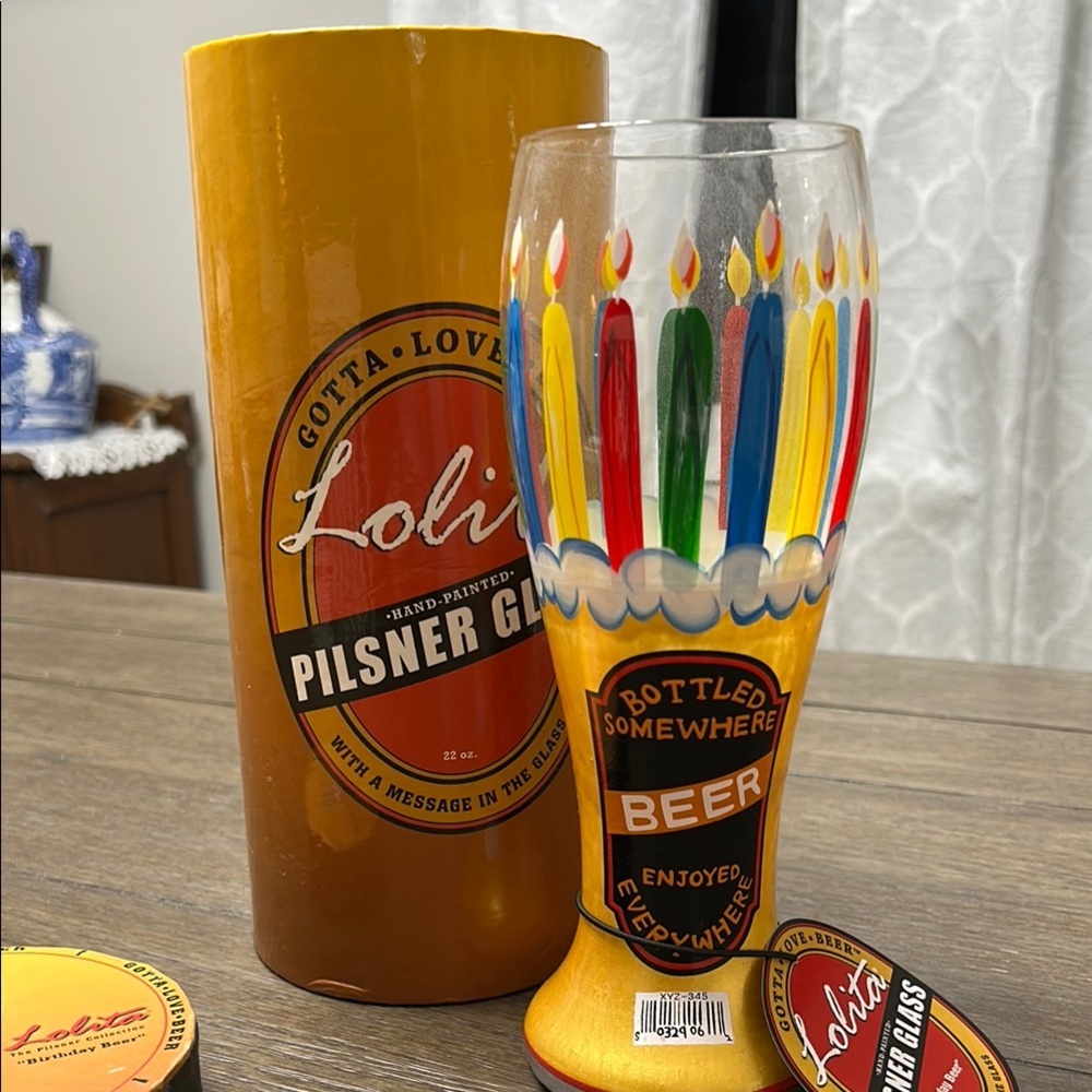Lolita Pilsner 22 oz Glass “Birthday Beer”Colorful Candle Design in original box